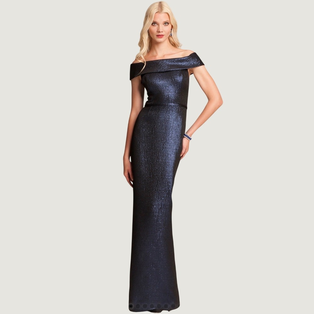 NWT $570 Teri Jon Rickie Freeman Sapphire Jacquard Column Gown 8 Gala Formal